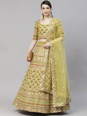 Shubhkala Lime Green Multi Thread With Gota Patti Embroidered Georgette Semi Stitched Lehenga 1
