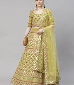 Shubhkala Lime Green Multi Thread With Gota Patti Embroidered Georgette Semi Stitched Lehenga