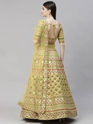 Shubhkala Lime Green Multi Thread With Gota Patti Embroidered Georgette Semi Stitched Lehenga 2