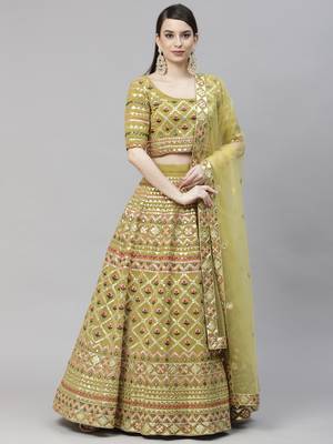 Shubhkala Lime Green Multi Thread With Gota Patti Embroidered Georgette Semi Stitched Lehenga 3