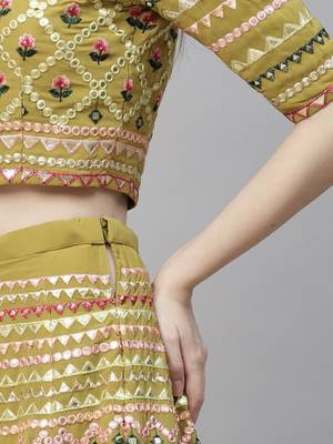 Shubhkala Lime Green Multi Thread With Gota Patti Embroidered Georgette Semi Stitched Lehenga 4