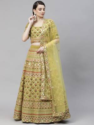 Shubhkala Lime Green Multi Thread With Gota Patti Embroidered Georgette Semi Stitched Lehenga 5