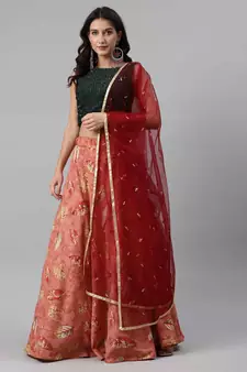 SHUBHKALA peach cotton printed   Choli Blouse with   Lehenga Ghagra with    Dupatta