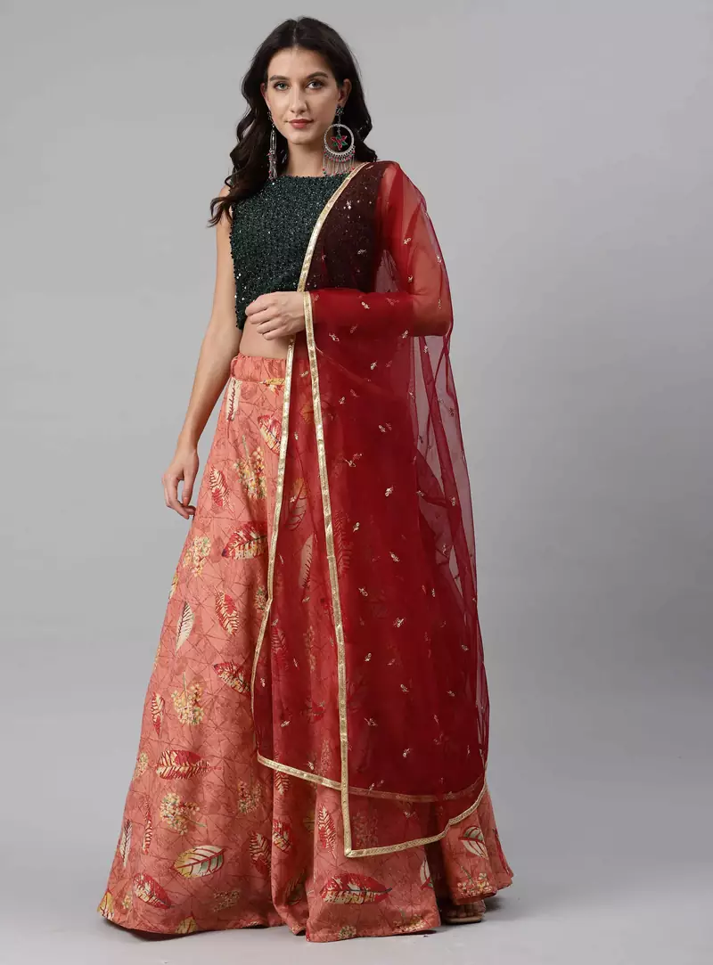SHUBHKALA peach cotton printed   Choli Blouse with   Lehenga Ghagra with    Dupatta