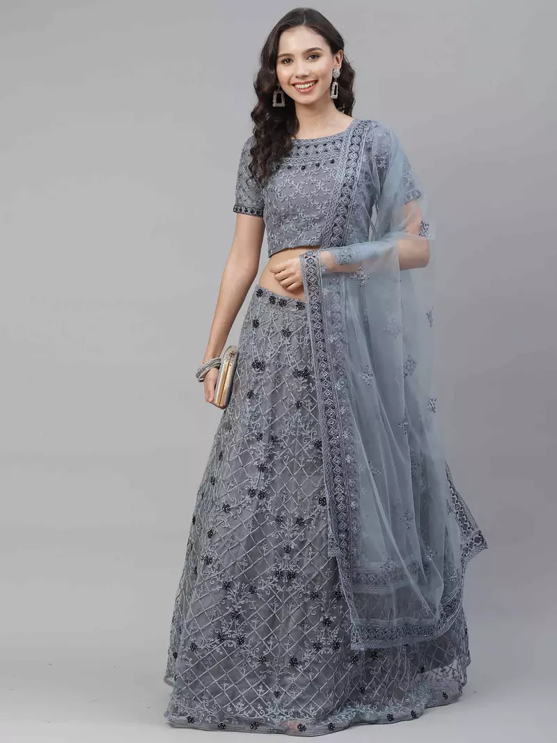 SHUBHKALA grey net embroidered   Choli Blouse with   Lehenga Ghagra with    Dupatta