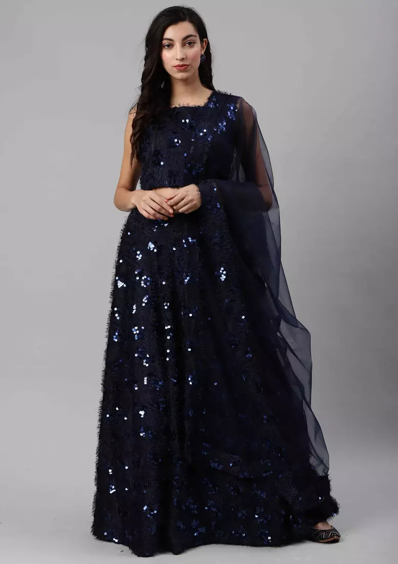 SHUBHKALA navy-blue velvet embroidered   Choli Blouse with   Lehenga Ghagra with    Dupatta
