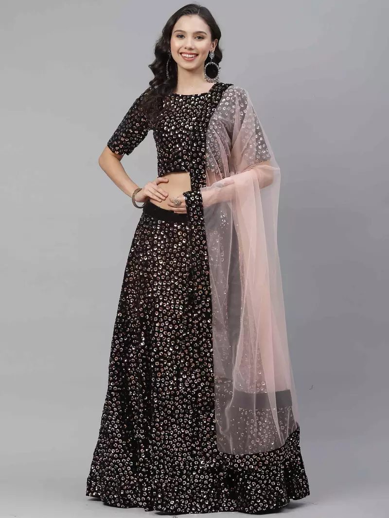 SHUBHKALA brown velvet embroidered   Choli Blouse with   Lehenga Ghagra with    Dupatta
