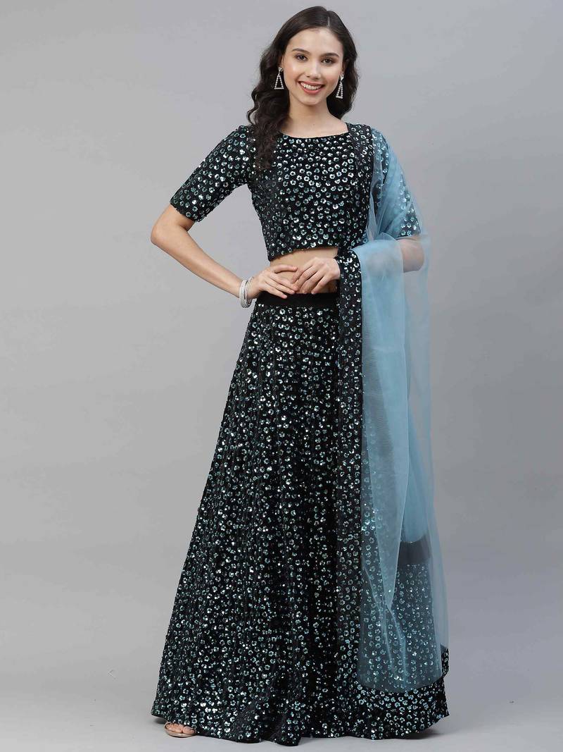 SHUBHKALA sky-blue velvet embroidered   Choli Blouse with   Lehenga Ghagra with    Dupatta
