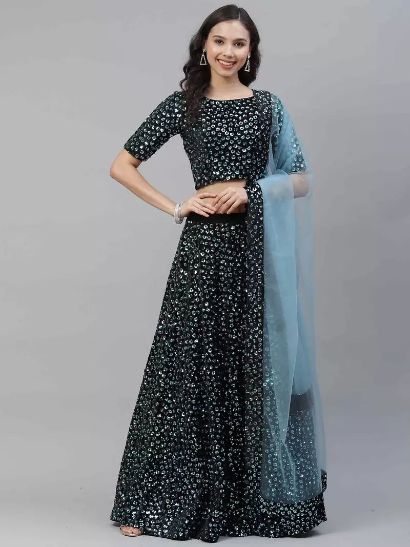 SHUBHKALA sky-blue velvet embroidered   Choli Blouse with   Lehenga Ghagra with    Dupatta