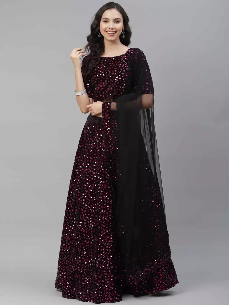 SHUBHKALA rani-pink velvet embroidered   Choli Blouse with   Lehenga Ghagra with    Dupatta