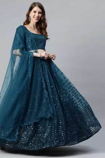 卐 शुBHKALA teal-blue net embroidered   Choli Blouse with   Lehenga Ghagra with    Dupatta