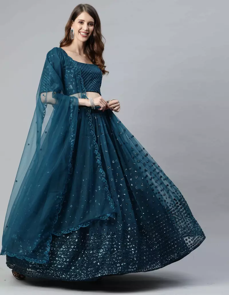 卐 शुBHKALA teal-blue net embroidered   Choli Blouse with   Lehenga Ghagra with    Dupatta