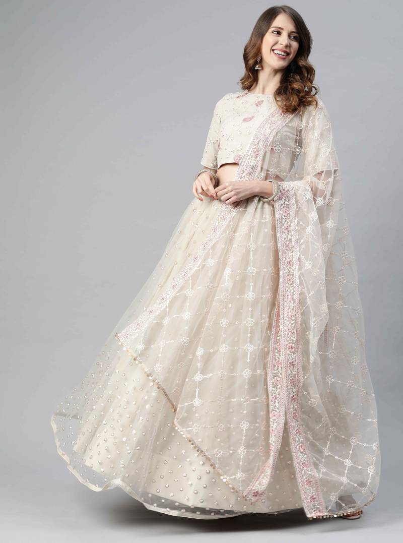 卐 शुBHKALA beige net embroidered   Choli Blouse with   Lehenga Ghagra with    Dupatta