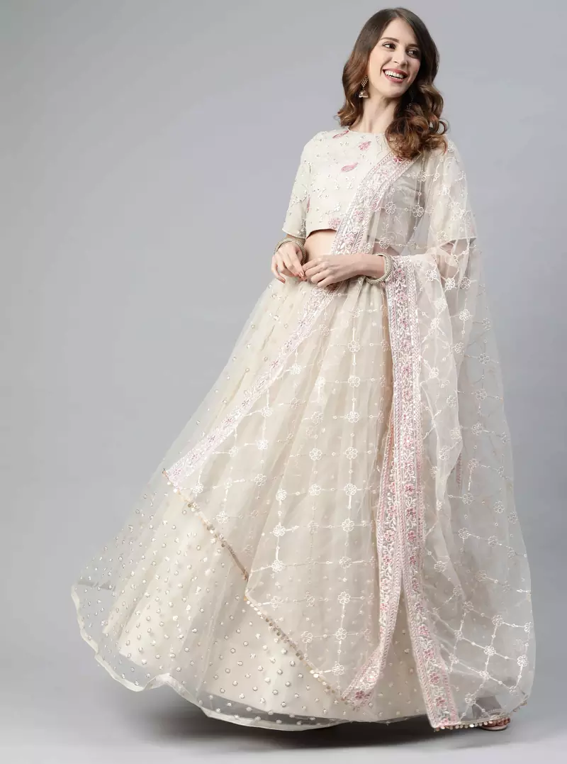 卐 शुBHKALA beige net embroidered   Choli Blouse with   Lehenga Ghagra with    Dupatta