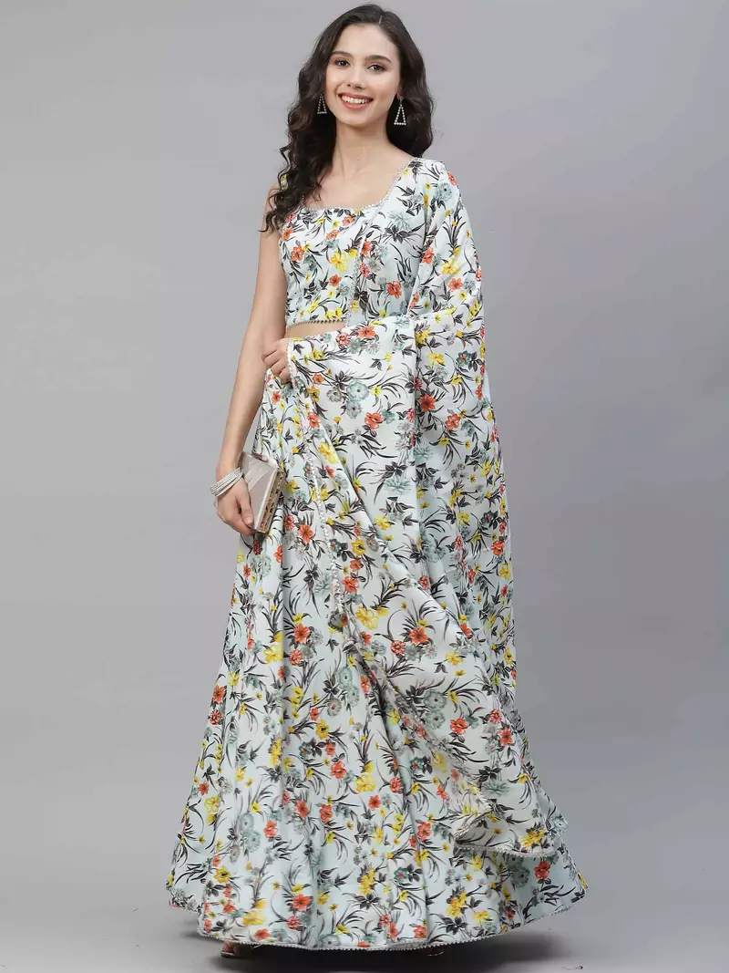 SHUBHKALA sky-blue crepe printed   Choli Blouse with   Lehenga Ghagra with    Dupatta