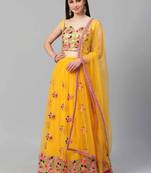 Shubhkala Mustard Yellow Thread And Sequins Embroidered Net Semi Stitched Bridal Lehenga