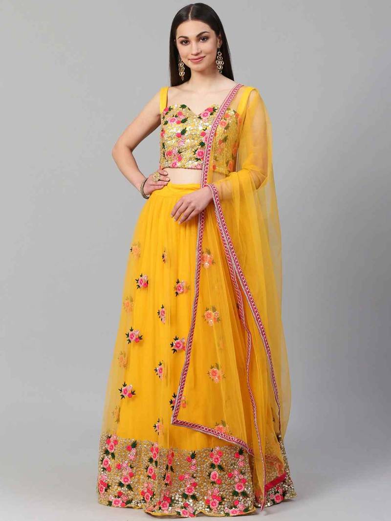 SHUBHKALA mustard net embroidered   Choli Blouse with   Lehenga Ghagra with    Dupatta