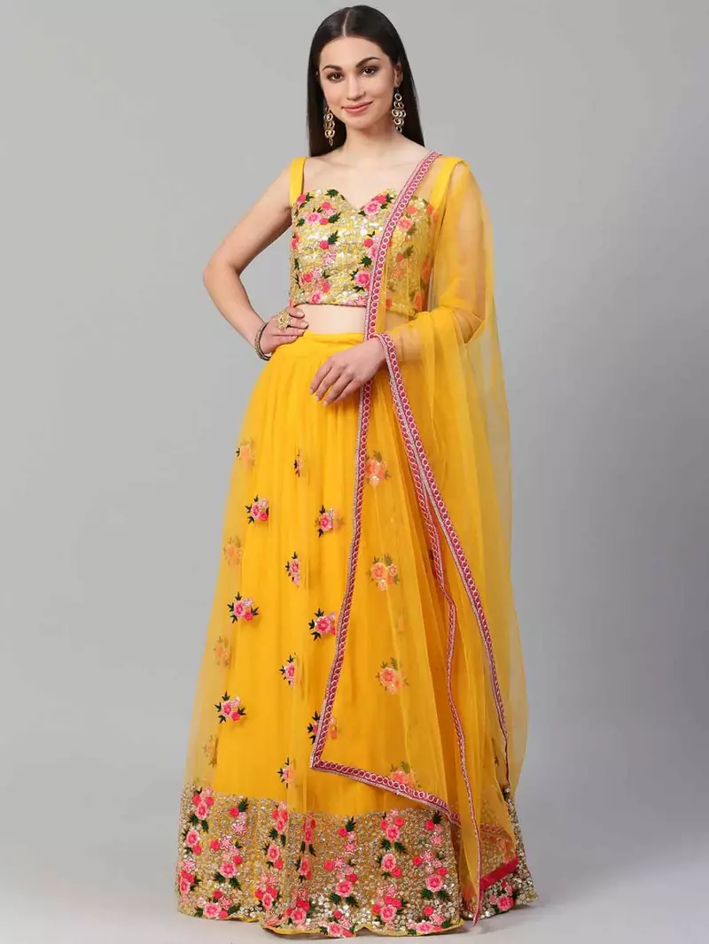 SHUBHKALA mustard net embroidered   Choli Blouse with   Lehenga Ghagra with    Dupatta