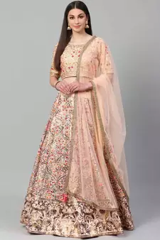 SHUBHKALA Peach Embroidered Silk Unstitched Lehenga