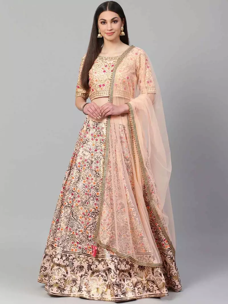SHUBHKALA Peach Embroidered Silk Unstitched Lehenga
