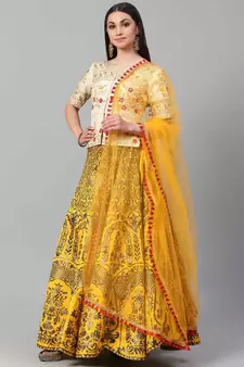SHUBHKALA YELLOW Embroidered SILK UNSTITCHED LEHENGA  WITH BLOUSE