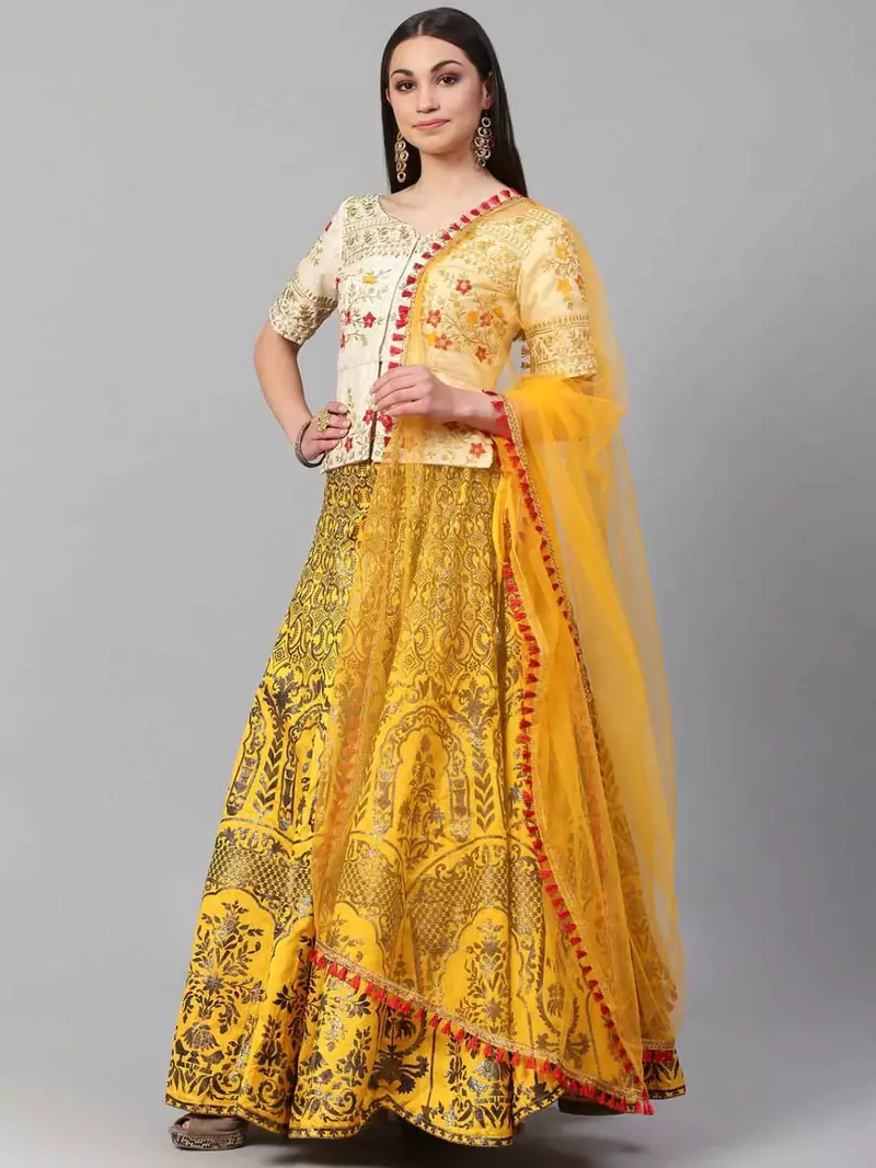 SHUBHKALA YELLOW Embroidered SILK UNSTITCHED LEHENGA  WITH BLOUSE