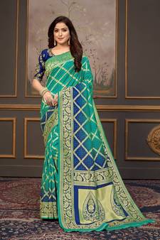 Turquoise woven banarasi silk saree with blouse