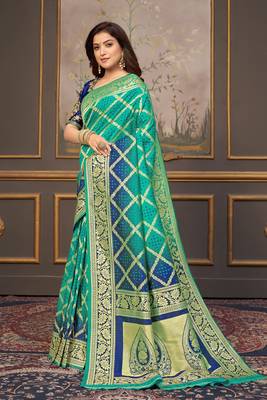 Turquoise woven banarasi silk saree with blouse 2