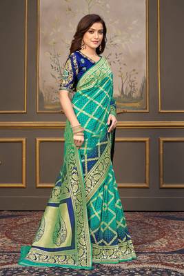 Turquoise woven banarasi silk saree with blouse 3