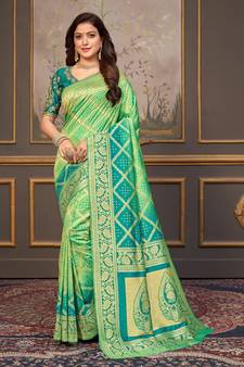 Light green woven banarasi silk saree with blouse