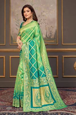 Light green woven banarasi silk saree with blouse 2