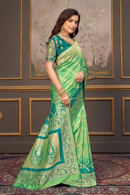 Light green woven banarasi silk saree with blouse 3