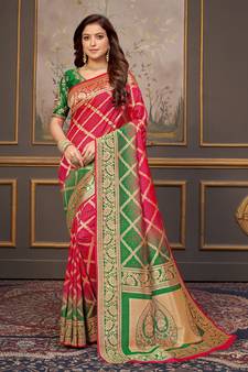 Red woven banarasi silk saree with blouse