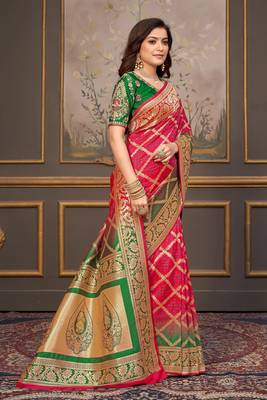 Red woven banarasi silk saree with blouse 3