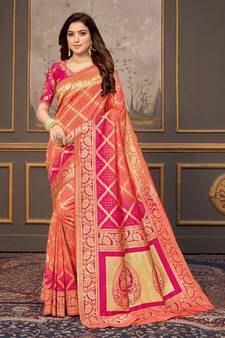 Peach woven banarasi silk saree with blouse