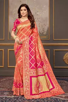 Peach woven banarasi silk saree with blouse