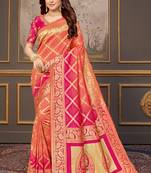 Peach woven banarasi silk saree with blouse