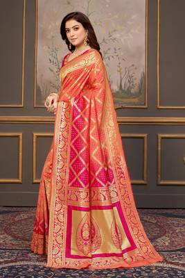 Peach woven banarasi silk saree with blouse 2