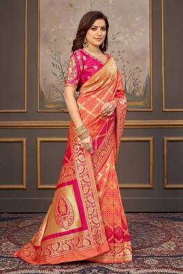 Peach woven banarasi silk saree with blouse 3