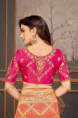Peach woven banarasi silk saree with blouse 5