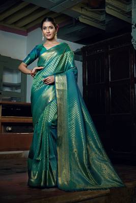 Green color KANJEEVARAM WOVEN SILK BLEND sarees online 1