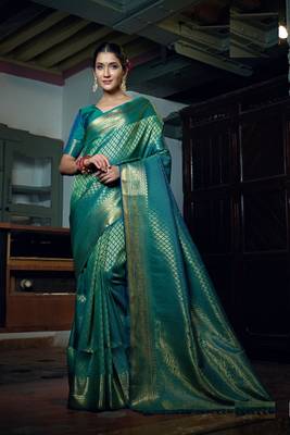 Green color KANJEEVARAM WOVEN SILK BLEND sarees online 2