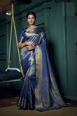 Blue Color Kanjeevaram Woven Silk Blend Sarees Online 1