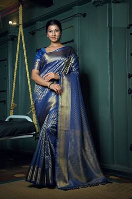 Blue Color Kanjeevaram Woven Silk Blend Sarees Online 2