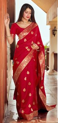 Red Banarasi silk blend Zari Woven Traditional Designer Saree With Blouse 2