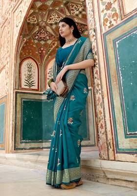 Teal Color Banarasi Soft Silk Weaving Traditional Saree? 1
