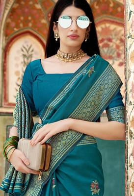 Teal Color Banarasi Soft Silk Weaving Traditional Saree? 2