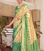 Cream and Green Color  Kanjiwaram Silk Weaving Work Traditional Saree