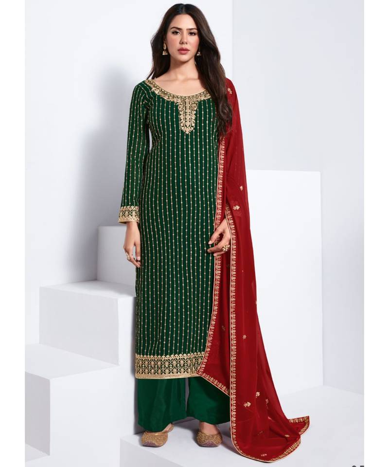   Sonam Bajwa Green And Red Traditional Embroidered Salwar Kameez