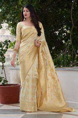 Cream Weaving Banarasi Silk Designer Traditional Saree 1